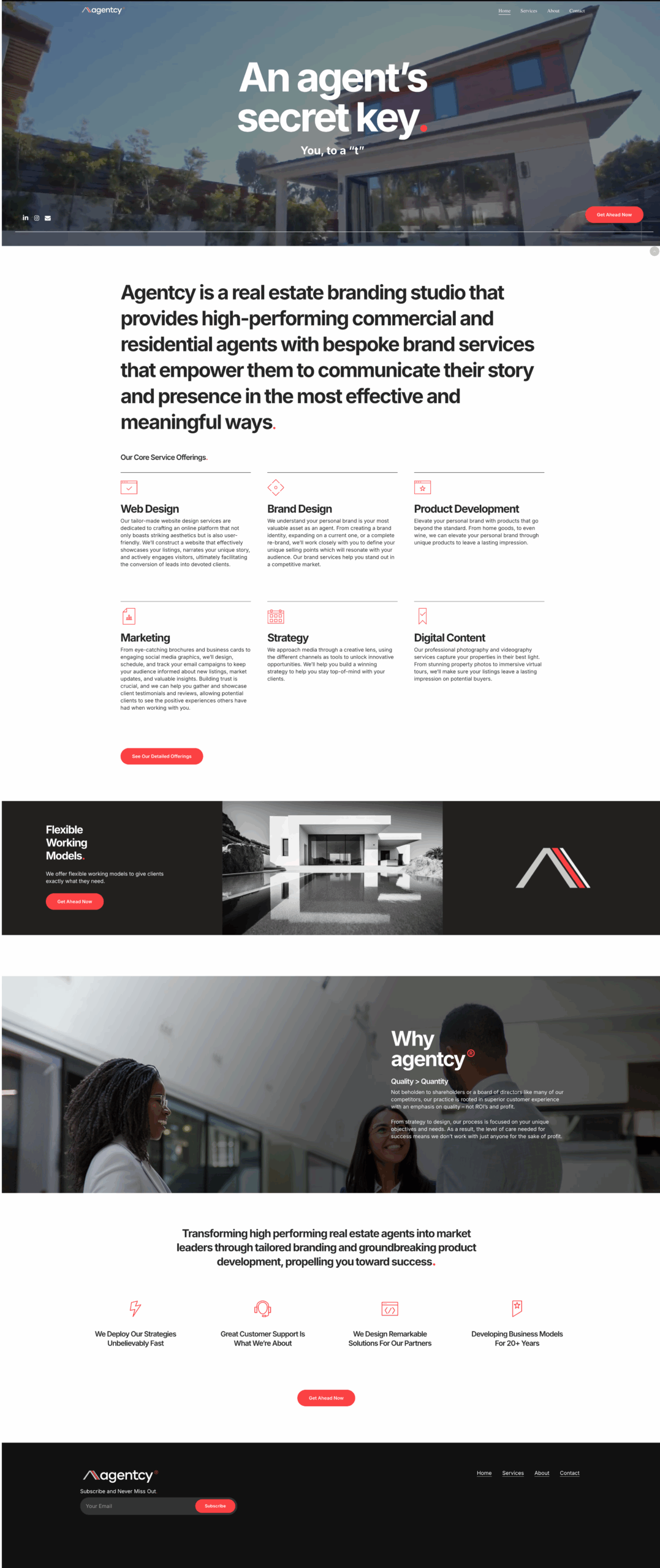 Homepage design of the Agentcy brand studio website showcasing modern real estate web design for realtors.