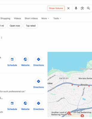 Screenshot of Google search results for “barber in pinole” with William Ferrer ranked #1 in the Local Pack.