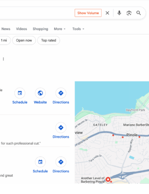 Screenshot of Google search results for “pinole barber” showing William Ferrer ranked #1 in Local SEO.