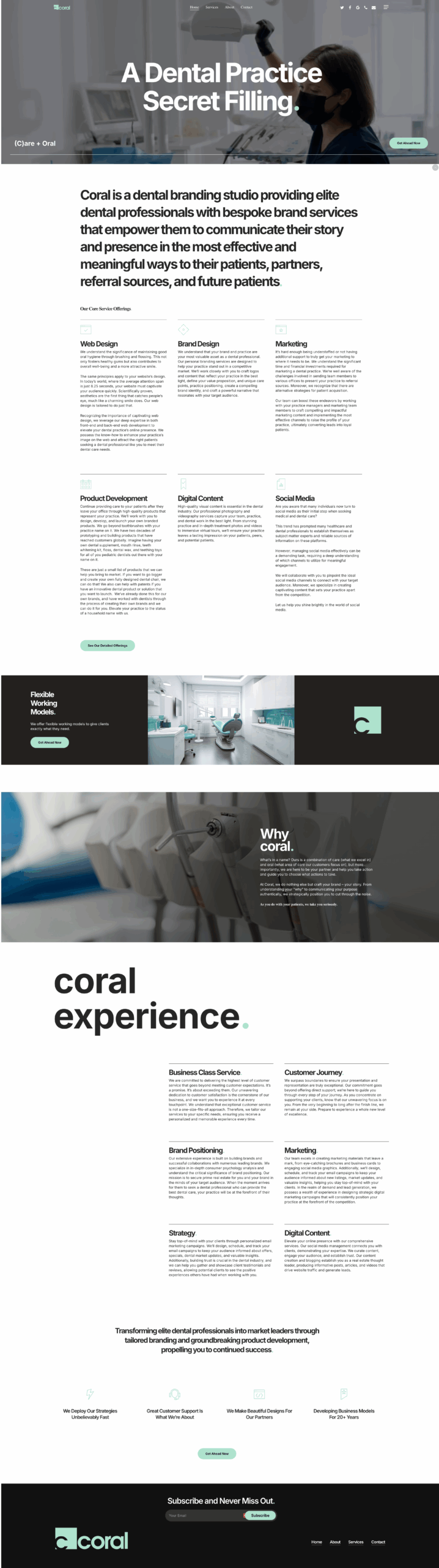 Homepage design of the Coral branding studio website specializing in modern branding and website design for dentists.